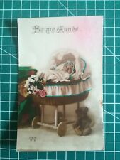 040 postcard fantasy circa 1909 photo baby in crib wicker bear happy new year REX