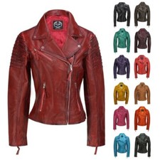 Femmes Vintage Slim Ajusté Cuir Véritable Souple Biker Jacket UK Taille 6 – 24