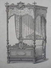 LOUIS XIII bed with columns ENGRAVING the FURNITURE STORE Victor QUETIN 19th century