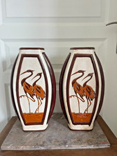 Ancien Vase Céramique Craquelé Méplat Art Déco Echassier KERALOUVE LA LOUVIERE