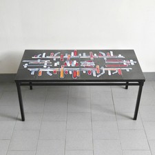 TABLE BASSE VINTAGE 1960 EN CERAMIQUE & METAL LAQUE NOIR 60S RETRO ANNEES 60