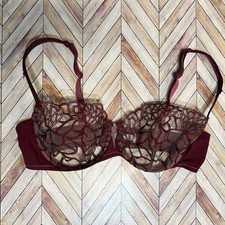 Simone Perele Bra 32C 32D Burgundy Red Lace Sheer Floral Embroidered Mesh Sexy