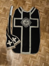 Antique Chasuble Priest Relief Ihs Embroidered Silver Thread Superb 19th Century (Max)