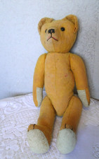 Jouet ancien nounours ours peluche jaune et blanche intérieur paille 50 cm