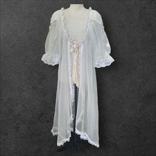 VTG 70s 80s White Sheer Lace Bridal Boudoir Peignoir Robe Puff Sleeve Inner Most