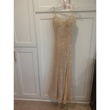 Sherri Hill Sequin Gown Gold Formal Prom Evening Dress Open Back Slit Size 8