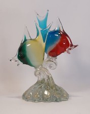 Vintage Original Murano Art Glass Sculpture Pair Multicolor Fish Base