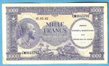 Billet du CONGO BELGE , 1000 francs , 1962 , TTB
