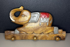 Porte-manteau mural en bois sculpté éléphant – 3 crochets vintage artisanal 🐘