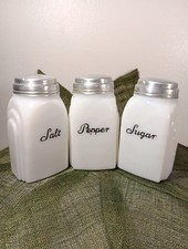 Vtg Milk Glass Side Arch Deco Panel Salt, Pepper, Sugar Shakers