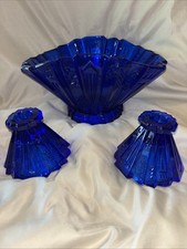 LE Smith Wigwam Art Deco Console Set Circa 1930 Blue Bowl 2 Candlesticks Cobalt
