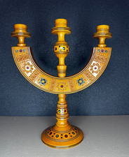 Chandelier vintage en bois sculpté et décoré – 3 bougeoirs artisanal