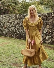 Doen Women's Lupine Oregano Solid Cotton Ruffled Trimmed Long Maxi Gown Dress S