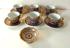 Ensemble 6 tasses + mini coupe porcelaine bleu cobalt + or