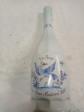GLASS BOTTLE DECOR OLD MUSTERS YELLOW AND BLUE BIRD - RED WINE 