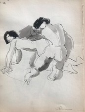 RARE ORIGINAL NUDE WATERCOLOR DRAWING EROTIC SCENE 1930/40 ORIGINAL FRENCH DRAWING