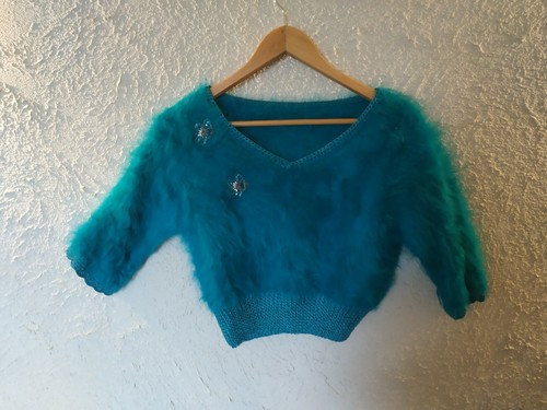 Pull tricoté main bleu - , coton