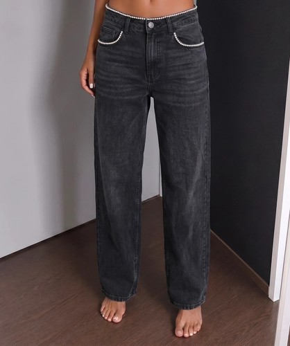 Jean maje noir baggy - noir, strass