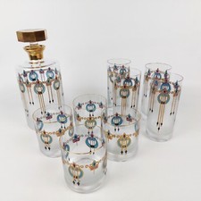 Czech Art Deco Novy Bor Glass Barware Set -Gold Gilt Enamel Decanter & Glasses