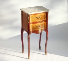 Antique Louis XV Style Nightstand: French Inlaid Side Table with Marble Top