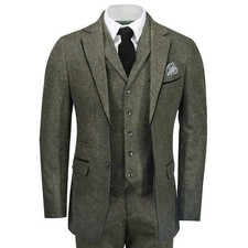 Tweed 3 Pièce Costume pour Hommes Vintage Vert en Épi 1920s Classique sur Mesure