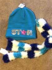 New Girls JUSTICE blue sequin HAT & SCARF set sequin STAR hat & striped scarf