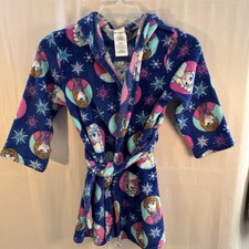 Disney Frozen Anna Elsa Girls Fleece Hooded Bath Robe Size 6 Blue Snowflakes