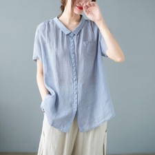 Femme Chemisier Haut Desseré Manche Courte Bouton Ample Décontracté Ethnique Été