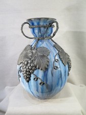 GUERIN BOUFFIOULX BELGIQUE ANCIEN IMPORTANT VASE GRES EMAILLE ETAIN VIGNE XX ème