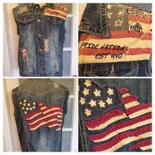 Smoke Rise Mens Distressed American Flag Denim Jean Vest Large Americana Western