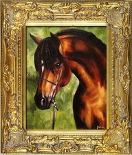 Cheval - Peinture À L'Huile Peint à la Main Cadre Signé 34x30cm Tableau Déco,