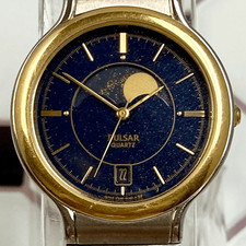 Rare Vintage Pulsar by Seiko Two-tone Moon Phase Watch Blue Starry Night” Dial