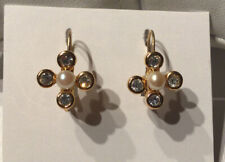 Vintage MONET Jewelry Earrings 22k Gold Plated Cream Pearl Swarovski Crystals