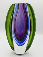 Vintage Murano Sommerso Art Glass Vase, Green Purple Blues
