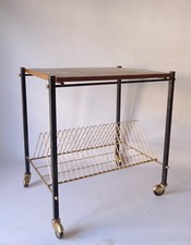 PORTE DISQUES ROULANTE EN MÉTAL PLATEAUX EN BOIS VINTAGE DESIGN 70s 1970