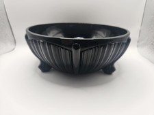 Vintage L.E. Smith Black Amethyst Ribbed 3-Toed Console Bowl 8" x 3" Art Deco