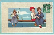 Embossed Card - Girl with Fishing Rod and Couple of Kids Sitting s