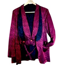 Vintage 1960s–70s Red Brocade Smoking Jacket w/ Attached Vest – Shawl Lapel – 44
