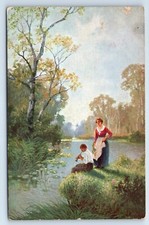 Man Playing A Chalumeau By The Lake To A Fair Maiden Postcard