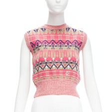 PACO RABANNE pink purple lurex virgin wool graphic knit vest XS