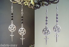 Pentagram Athame Dagger Purple or Black Crystal Bead Long Drop Dangly Earrings