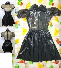 Women Transparent Black Latex Dress Fetish Rubber Skirt Turn-down Collar