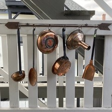 Vintage Hand Forged Iron Pot Utensil Arrow Rack & Copper Pan Funnel Ladle Still