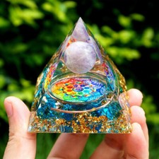 ORGONITE PYRAMIDE ABONDANCE ET PROTECTION EN AMETHYSTE ET QUARTZ BLEU .