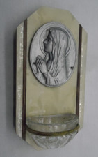 LBC B1 ANTIQUE BENITIER VERGE MARIE WOOD GLASS MOLD MOTHER OF PEARL 12.5CM SIGN ESCUDE CR