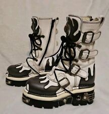 New Rock White/Gunmetal Flame Reactor Boots Cyber Goth Biker EUC