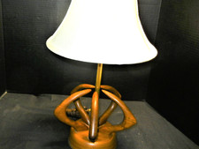 Vintage SOLID Carved WOOD Antler Horns Table Lamp Brown 22"H Tested