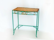 Wicker Side Table with Green Iron Frame Vintage Basketwork Rattan French Shabby