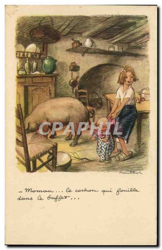 Child and pig the kitchen - pig,