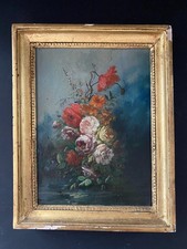 Ancien tableau  BOUQUET DE FLEURS  Huile sur panneau bois /Cadre 25,5 x 19,8 cm